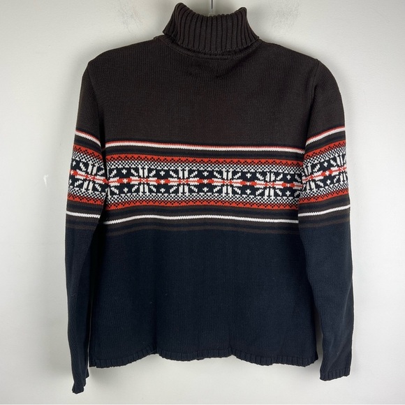 Vintage Preppy Cabincore Cotton Turtleneck Sweater Brown Navy Rust Geometric | S - Picture 5 of 9